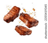 Small photo of Grill Pork Chops Beef steaks, realistic 3d brisket flying in the air, grilled meat collection, ultra realistic, icon, detailed, angle view food photo, steak composition