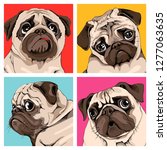 Four Portrait Of A Pugs In A...