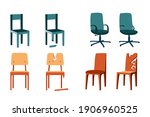 Set of flat illustrations of wooden chairs on a white background. Office chairs, school chairs. Broken chair repair. Shabby, battered chairs. New design, cartoon style illustration.