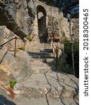 Small photo of Omis, Croatia - July 23, 2021: Stairs leading to the Mirabela fortress in the historic city of Omis.