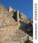 Small photo of Omis, Croatia - July 23, 2021: Stairs leading to the historic Mirabela fortress in Omis
