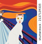 The Scream parody with Cat. Abstract art, flat vector painting. Remake of Edward Munch painting. Vector flat illustration Skrik for printing, t-shirt design, gift cards.