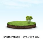 3D Illustration round soil ground cross section with earth land and green grass, realistic 3D rendering circle cutaway terrain floor with rock isolated