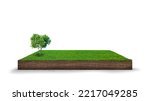 Small photo of cubical cross section with underground earth soil and green grass on top, cutaway terrain surface with mud and field isolated