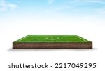 Small photo of cubical cross section football stadium with underground earth soil and green grass on top, cutaway terrain surface with mud and field isolated, stadium isolated