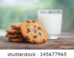 Stack of Chocolate chip cookie and glass of milk