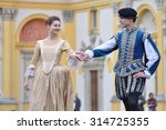 Small photo of WARSAW, POLAND - SEPTEMBER 11, 2010: Ensemble Gratia Iuvenis shows the historical Court dances, during of the Wilanow Days event.