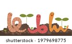 Earthworms with growth plants. Cute worms working in garden soil. Organic agriculture concept. Funny cartoon characters, hand drawn vector illustration 