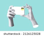 Modern conceptual art poster with a  hands holding a smartphone in a mas surrealism style. Contemporary art collage on a blue background