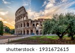Small photo of Detail of Colosseum in Rome (Roma), Italy. Also named Coliseum, this is the most famous Italian sightseeing. Spectacular blue sky in background.