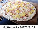 Small photo of Flamenkuche or flammekuche with reblochon, traditional Alsatian flamed tart with onions, sour cream and bacon, city of Strasbourg, Bas Rhin department, Alsace, France