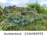 Small photo of The bunker for hiding soldiers is covered with a camouflage net. The use of camouflage in military operations