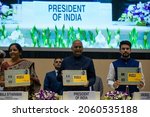 Small photo of New Delhi, India-oct 29 2019: President Ram Nath Kovind, Minister of Finance Nirmala Sitharaman and Minister of state for Finance Anurag Singh Thakur release a coffee-table book at Vigyan Bhawan