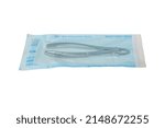 Small photo of tools in sterilization pouch Steam Sterilization Self Sealing Pouch on white background kits in closed up sterilized pouch (isolated on white background) dental dentistry