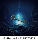 Golden Key And Blue Background  ...