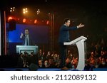 Small photo of Cannes, France - 22 january 2022: Guillaume Peltier, former member of the party Les Republicains makes a speech on stage during the meeting of Eric Zemmour in Cannes.