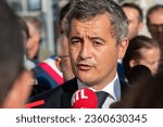 Small photo of Marseille, France on 12 September 2023: Gerald Darmanin, French Minister for the Interior and Overseas Territories, talks to the press after his visit of the RAID's new buildings.