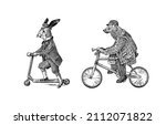 brown bear rides a bike. hare... | Shutterstock .eps vector #2112071822