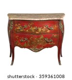 Small photo of old vintage antique chest of drawers known as commode wood painted to look Japanese ormolu furniture and marble top isolated on white with clipping path