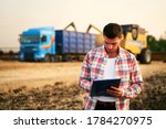 Small photo of Farmer controls loading wheat from harvester to grain truck. Driver holding clipboard, keeping notes, cargo counting. Forwarder fills in consignment waybills. Agricultural commodities logistics.