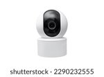 Small photo of Closed up of Smart home wireless security camera isolated on white background, using for security monitoring or private cctv