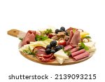 Cold Smoked Meat Plate, antipasto set platter wooden plate. Antipasto board with sliced meat, ham, salami, cheese