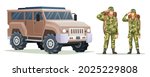 Man and woman army soldier carrying backpack characters with military vehicle