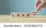 Small photo of Lead generation concept. Lead customer and cultivation. Inbound marketing strategy. Hand holds wooden cubes with magnet attracts customer icons standing with "LEAD" text on grey background, copy space
