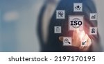 Small photo of ISO standards quality control, assurance and warranty business technology concept. Touching on screen with ISO and globe icons on smart background. ISO Standard certification. Modern ISO banner.