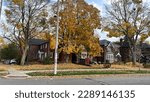 Small photo of Beautiful residential street and houses during autumn in Canada, covered in maple leaves in a quiet affluent neighborhood. Toronto, Ontario, Canada. 2022-11-05