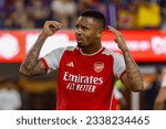 Small photo of Arsenal's Gabriel Jesus (9) reacts during a Soccer Champions Tour match between the Arsenal F.C. and the FC Barcelona in Inglewood, Calif. July 26, 2023.