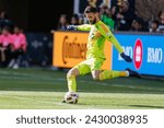 Small photo of Los Angeles FC goalkeeper Hugo Lloris #1 in actions against the Seattle Sounders during an MLS soccer match at BMO Stadium, Feb. 24 2024, in Los Angeles.