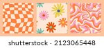 1970 Daisy Flowers, Trippy Grid, Wavy Swirl Seamless Pattern Set in Orange, Pink Colors. Hand-Drawn Vector Illustration. Seventies Style, Groovy Background, Wallpaper. Flat Design, Hippie Aesthetic.