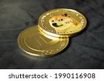 Dogecoin cryptocurrency in close-up on a dark background