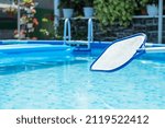 Small photo of Net-skimmer in the background of a pool with clear water and with an air mattress. Backyard with flowers in the background. Round frame pool and leaf netting skimmer for cleaning leaves