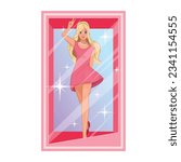Pretty doll wearing a pink dress in the box. Barbie doll. Modern trendy flat illustration. Design character. 