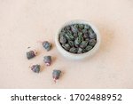 Small photo of Lovely bulbils of Tradescantia navicularis succulent plant. The young shoots with tight imbricate leaves planted in a low mini pot and some left on light color cements background.