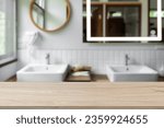 Empty wooden table with blur background of lavatory or toilet. For montage products.
