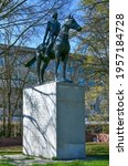 Small photo of Washington, DC - Apr 3, 2021: Equestrian statue of Bernardo de Galvez in the Foggy Bottom neighborhood of Washington, DC.