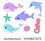 set of flat sea animals. cute... | Shutterstock .eps vector #1954867675