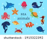 set of marine animals under...