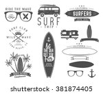 Set of Vintage Surfing Graphics and Emblems for web design or print. Surfer logo templates. Surf Badge. Summer fun. Surfboard elements. Outdoors activity - boarding on waves. Vector hipster insignia.