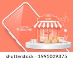 Gift boxes, parcel boxes, shopping carts, and shops and all object is on a smartphone for delivery and shopping online concept,vector 3d isolated on pastel pink background