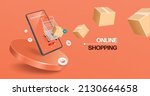 Parcel box floated from the shopping cart in front of the smartphone and all floating on a round podium for delivery and online shopping concept design,vector 3d isolated on pastel orange backgroud