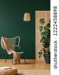 Small photo of Wicker armchair with beige blanket next to monster plant in black pot, real photo with copy space on empty green wall