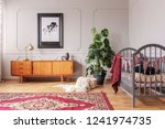Small photo of Retro wooden cabinet in grey baby bedroom interior with monster plant in black pot and wooden crib, real photo with poster on the wall