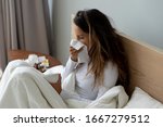 Sick Young Woman Cough Sneeze...