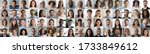 Multi ethnic people of different age looking at camera collage mosaic horizontal banner. Many lot of multiracial business people group smiling faces headshot portraits. Wide panoramic header design.