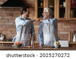 Smiling millennial man child and old father give fist bump have fun cooking together at home kitchen. Happy young adult grownup son and mature dad prepare healthy dinner or lunch. Diet, hobby concept.
