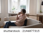 Small photo of Pensive older woman sits on couch with laptop thinks, staring out window, looks thoughtful or concerned distracted from tech usage, experiences difficulties with modern device, search solution concept